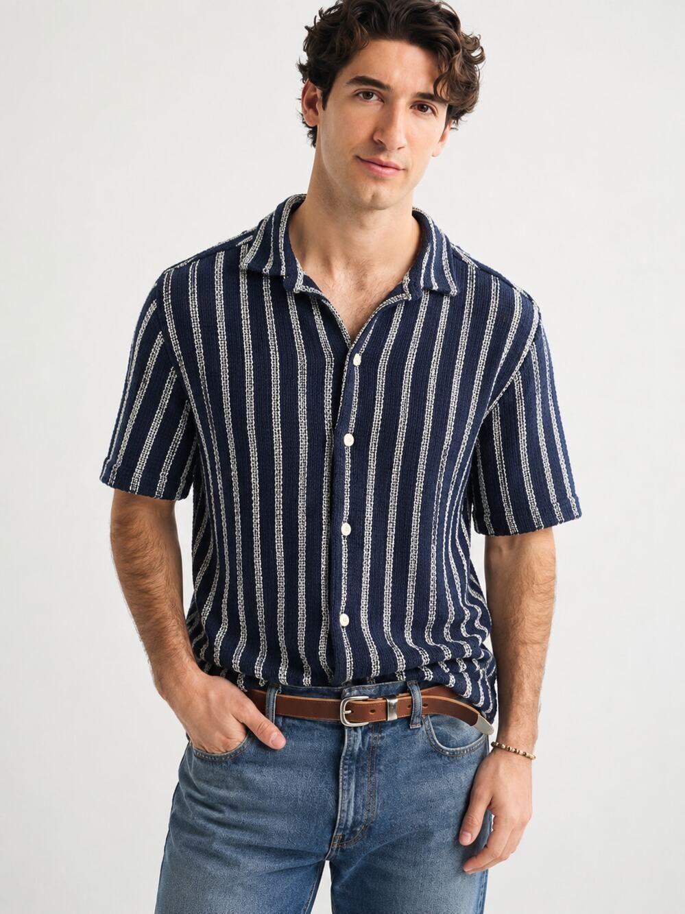 Zara Textured Knit Striped Button Up Shirt Men M Navy White Resort Coastal Vacay